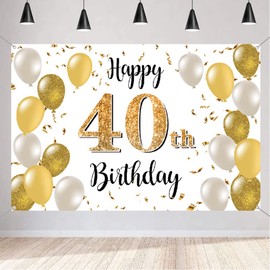 Tecreo 40th Birthday Decorations Happy Sign Photo Booth Props Backdrop for Men and Women Photography Background Golden Glitter Party Banner, 120cm x 80cm, White