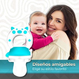 Chupón Para Fruta Y Papilla con Seguro Y Tapa Dibujos Animados, Libre de BPA (AZUL/BLANCO)