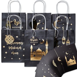 Papierdrachen 6 Black Ramadan Handbags - Beautiful and High Quality Gold Printed - Ideal for Wrapping Gifts - with Tags and Postcards - Set of 2