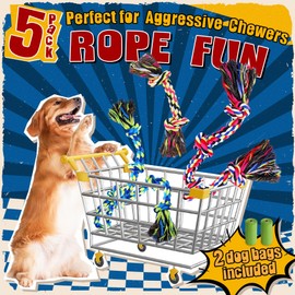 Forfon Heavy Duty Dog Toy for Aggressive Chewers – Tough Chew Toys for Large Dogs, Ideal for Tug-of-War & Teeth Cleaning, with 3 Rope Toys & 2 Dog Bags