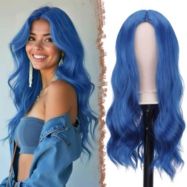 FESHFEN Long Blue Wigs for Women, 22 inch Middle Parting Synthetic Wavy Wig for Daily Party
