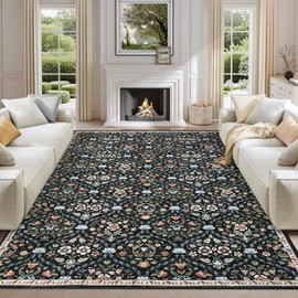 COZYLOOM Bedroom Rug 8x10 Under Bed Machine Washable Area Rugs Vintage Floral Print Accent Rug with Non Slip Backing Stain-Resistant Trellis Farmhouse Carpet for Nursery, Living Room, Black Multi