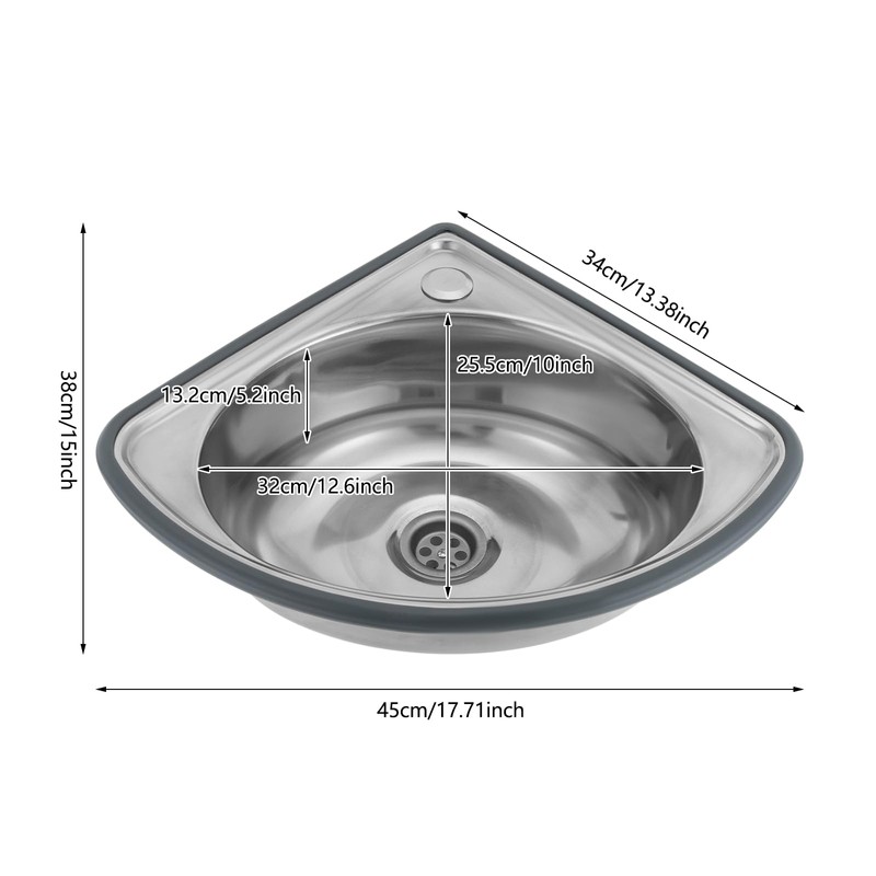 WUSILILU Corner Basin Sink, Countertop Mounted Stainless Steel Single Bowl
