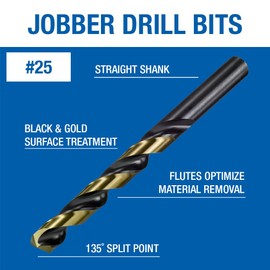 Champion Cutting Tool Heavy Duty Drill Bit Set with Black and Gold Surface Treatment (#25) - 12 PCS - 135 Degree Split Point, Drill bits For Metal, Stainless Steel, High Tensile Alloy Steels