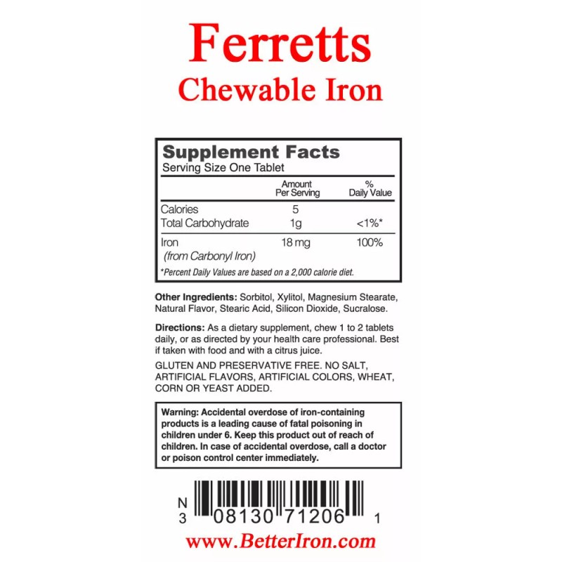 Ferretts Chewable iron supplement (18mg Elemental Iron), 60 tablets