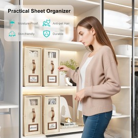 BigPonPon 6 Pack Bed Sheets Organizers And Storage (Cal King Size),Foldable Sheet Organizer With Handle For Linen Closet,Bedding Organizer Storage For Sheets, Duvet Cover (Beige)