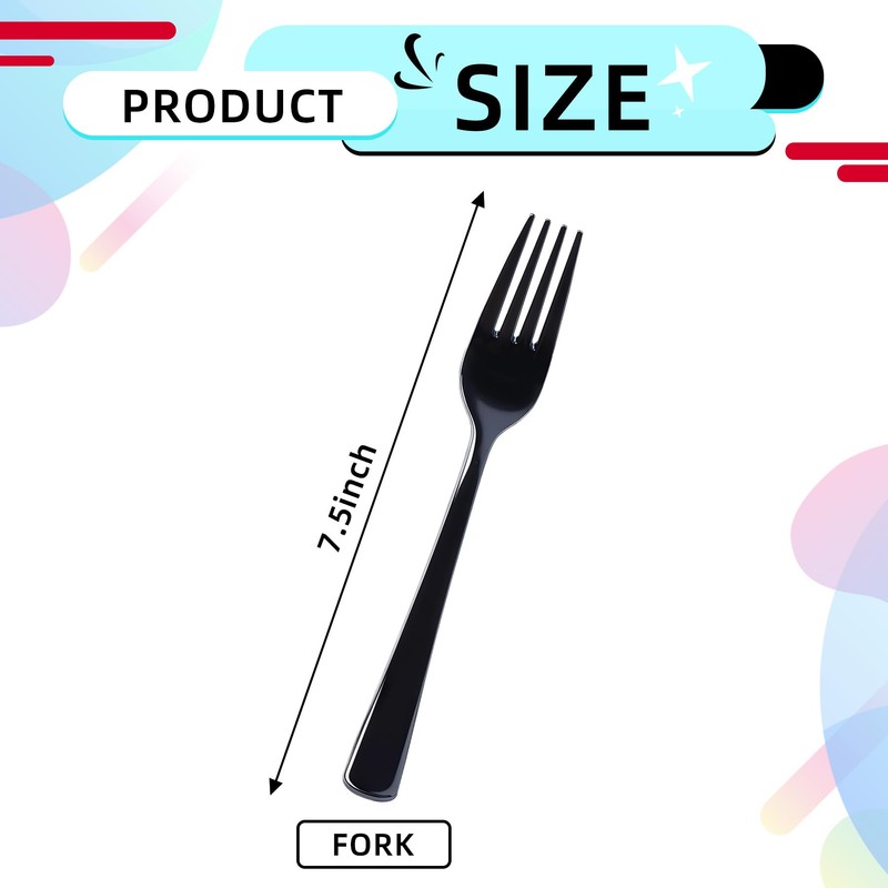 200 Count Black Plastic Forks, Heavy Duty Disposable Cutlery