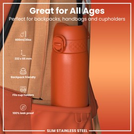 ION8 Lightweight Steel Water Bottle, 600 ml/20 oz, Non-Insulated, Leak Proof, Easy to Open, Secure Lock, Dishwasher Safe, Flip Cover, Fits Cup Holders, Carry Handle, Metal Water Bottle, Hearty Orange