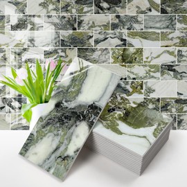 Vamos Tile 100-Piece Glossy Ice Green Peel and Stick Backsplash Tile,3''x6'' PVC Subway Tile with White Grout,Stick on Backsplash for Kitchen/Bathroom/Fireplace