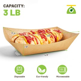 ZORRITA ZORRITA 3 Lb Paper Food Trays - 100 Pack Disposable Nacho Trays, Kraft Paper Food Boats Taco Holders Party Serving Baskets for Hot Dogs Snacks Tacos Fries