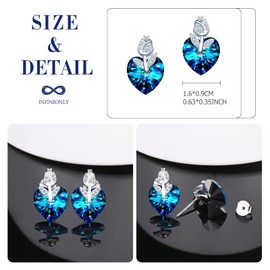 INFINIONLY Women's Blue Heart Crystal Earrings Elegant Rose Flower with Zirconia Girls Stud Earrings Fashion 925 Silver Heart Earrings Crystal Jewellery, Sterling Silver, Crystal Cubic Zirconia