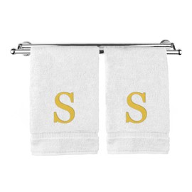 Toalla de mano con monograma, regalo personalizado, juego de 2 toallas bordadas con letra de bloque dorado, extra absorbente, 100% algodón turco, acabado de rizo suave, inicial S, blanco