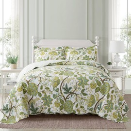 NEWLAKE Cotton Bedspread Quilt Sets - Reversible Patchwork Coverlet Set, Floral Vine Pattern, Queen Size