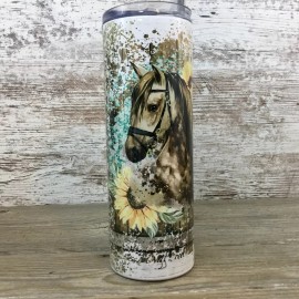 Unbranded Horse Sunflower Cheetah Print 20 oz Skinny Tumbler with Straw & Lid