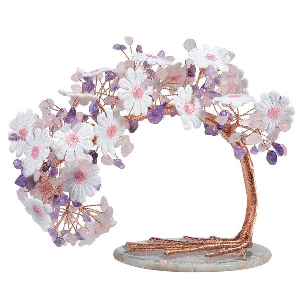 Nupuyai Amethyst & Rose Quartz Crystal Money Tree with Rock Crystal Cluster Base, Lucky Fengshui Figure Healing Stone Tree Ornament for Home Office Decor