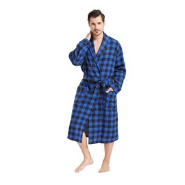 FashGudim Mens Buffalo Plaid Robe Cotton Flannel Shawl Collar Bathrobe Lightweight Kimono Loungewear Sleepwear (Black & Blue, 4XL)