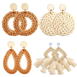 4 Pairs Boho Rattan Earrings for Women,Vacation Essential Tassel Dangle Straw Earrings,Lightweight Boho Jewelry accessories for Summer,Wedding,Beach,Party, Gifts for her, Sister, Mother, Girlfriends