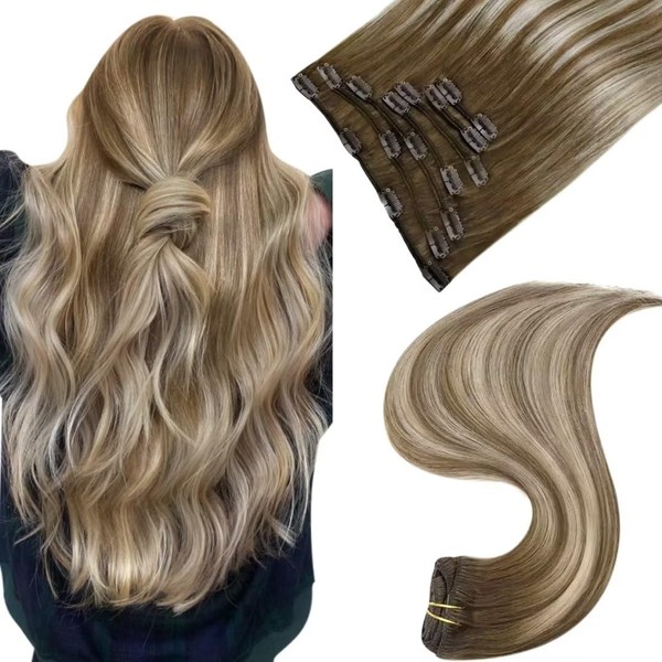 Easyouth Hair Extensions, Real Hair, Clip Hair for Girls, Colour Ash Blonde Mix Platinum Blonde, 20 Inch, Remy Clip-in Extensions, Real Hair Balayage