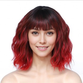 Wavy Bob Wig with Bangs Natural Ombre Red Wig Synthetic Hair Shoulder Length Short Curly Wigs for Women