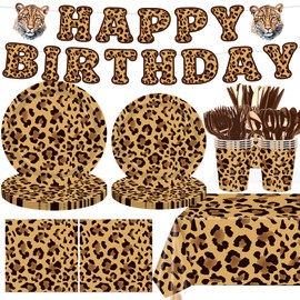 142PCS Leopard Print Party Decorations,Jungle Animal theme Decorations Include Tableware, Plate, Cup, Napkin, Cutlery, Animal Cheetah Print Birthday Party Supplies Serve 20