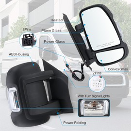 Lqito Right Passenger Side Door Mirror Compatible With 2014-2024 Ram Promaster 1500 2500 3500 With Power Glass Power Folding Turn signal Heated Black Replace#CH1321432 5VF00JXWAG(8+2Pins)