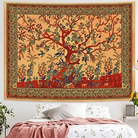 Simpkeely Tree of Life Tapestry Aesthetic Indian Mandala Wall Hanging Bohemian Hippie Tie Dye Tapestry Wall Art Decor for Bedroom Living Room 130x150cm, Yellow