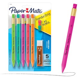 Paper Mate Juego de lápices mecánicos triangulares de escritura a mano con minas y gomas de borrar, 1,3 mm, lápices para niños en divertidos colores de barril, 5 unidades