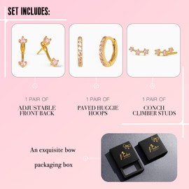 Gold Pink Earrings for Women Star Tourmaline October Birthstone Earrings Set, Cute Jacket Stud Huggie Hoop Earring Stack for Multiple Piercing, Hypoallergenic Trendy Jewelry Gifts