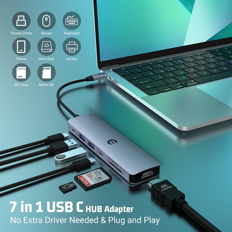 oditton USB C HUB, 7 in 1 Hub Adapter, HDMI