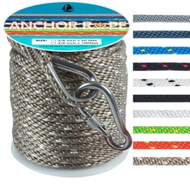 3/8 Inch 50 FT Anchor Rope, Boat Anchor Rope Solid Braid MFP, Anchor Line with 316 Stainless Steel Thimble and Snap Hook - Gold & White