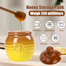 Tomuvpzn Honey Pot Ceramic Honey Pot, Ceramic Honey Jar with Wood Honey Dipper and Lid, Yellow+Brown Honey Dispenser, Honey Pot Food Container for Home Cooking Kitchen Baked Goods Container 250ML