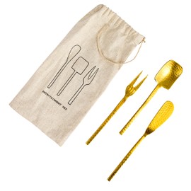 Bloomingville Hammered Stainless Steal Appetizer Utensils in Printed Drawstring Bag, Gold Finish, Set of 3 in Printed Drawstring Bag