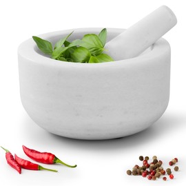 Navaris Mortar and Pestle Set - White Marble Pestle and Mortar Bowl - Stone Grinder for Spices Garlic Nuts Herb Pesto - Large 7.1" (18cm) Diameter - Hand Grinding for Kitchen