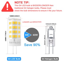 TAIYALOO G4 LED Bulb 5W 4000K Natural White 12V AC/DC Bi-Pin T3 JC Type 40W Halogen Equivalent for Outdoor Landscape Lighting Deck Stair Step Path Paver Lights, Home Lighting, (6 Pack)