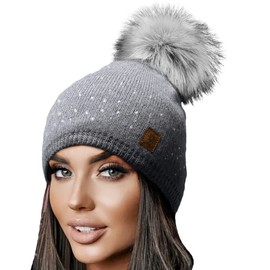 Morefaz Women Ladies Winter Beanie Hat Wool Knitted with Small Crystals Large Pom Pom Cap Ski Snowboard Hats MFAZ Ltd (Gray)