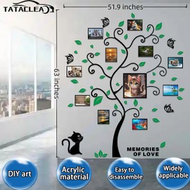 TATACLEA 3D cat Photo Frame Tree Acrylic Three-Dimensional Wall Stickers, Punch-Free Removable Vinyl Wall Stickers, Used for Living Room and Bedroom Decoration(Black + Light Green Leaves)