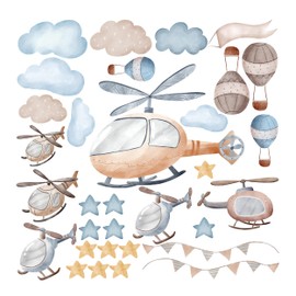 GRAZDesign Wall Sticker for Children's Room Boys Helicopter with Clouds, Stars Set – Can be Placed as desired Wall Sticker for Boys 57 x 5