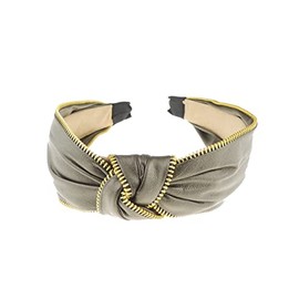 Ladies Girls Elegant Leather Look Funky Retro Gold Tone Zipper Trim Top Knot Headband Alice Band (Dark Brown)