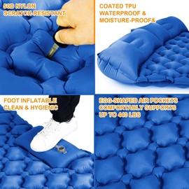 Double Sleeping Pad, Ultralight 4" Extra-Thick Self Inflating Sleeping Mat for 2 Person with Pillow Built-in Foot Pump Portable Camping Mat for Backpacking, Hiking, Traveling, Tent, Camping(Blue)