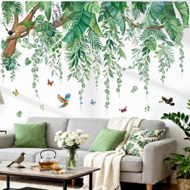 wondever Large Green Tropical Leaves Wall Stickers Hanging Vines Palm Tree Peel and Stick Wall Art Decals for Bedroom Living Room Nursery