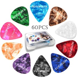 60 Pcs Guitar Picks with 6 Different Thickness Variety Colorful Celluloid Plectrums for Bass, Electric, Acoustic Guitars Ukulele - Included Organizer Box