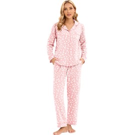 LUBOT 100% Cotton Pajamas Set for Women Long Sleeve Button-Down PJ Set Soft Two-piece Set Printed Patterned Night Suit Sleepwear Loungewear (Pink Leopard, S)