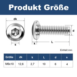 Pack of 20 Flat Head Screws M6 x 10 mm Hexagon Socket Drive M6 Screws Stainless Steel A2 V2A Full Thread with Allen Key