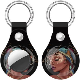 Case for Airtags Holder, Cute Air Tags Case Cover with Anti-Lost Keychain, [Scratch Resistant] Protective Airtags Case for Apple Tracker Key Finder 2021 Women (Black Girl(Glasses Right))