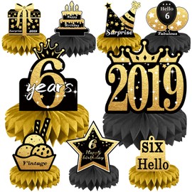 6th Birthday Decorations Set, 2019 Table Toppers for Girls Boys Birthday Party Supplies, Happy 6 Year Old Table Decoration for Daughter Son, 9Pcs Black & Gold Honeycomb Centerpieces
