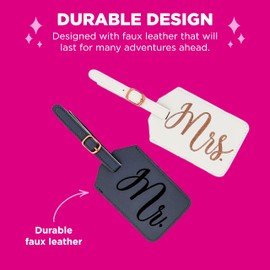 Miamica Mrs. & Mr. Luggage Tags – Set of 2 Faux Leather Suitcase Tags with Sturdy Buckle Straps – 6.85" x 3" Each – Cute Honeymoon, Bachelorette, Engagement Gifts