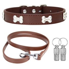 Suiecuor Leather Collar and Lead Collar with Metal Bone Decoration Suitable for Small Medium Large Dogs and Cats Brown S