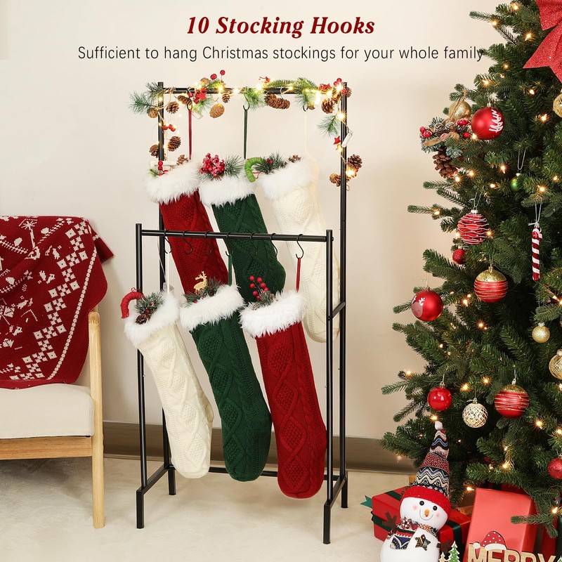 Christmas Stocking Holder Stand with 10 Hooks, Double Rods Stocking