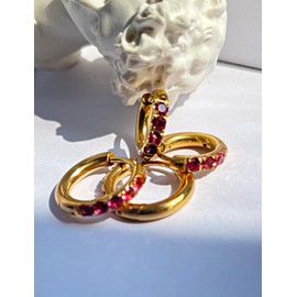 Gold Earrings with July Birthstone Hot Pink Cubic Zirconia Hoops Stainless Steel Huggie Earrings Stainless Steel Huggie Hoop Earrings for Women Huggie Earrings 10mm Ruby Month of Birth Stone Earrings