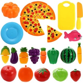 NIWWIN 24 pcs Pretend Food Playset Plastic Kitchen Cutting Fruits and Vegetables Set Pizza Play Food Set for Educational Early Age Puzzle Development Learning Toy